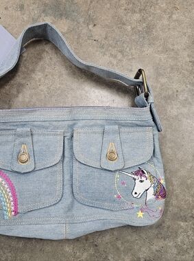 Vintage Claire's Y2k Purse 2000s Denim Unicorn Patch Bag Buckle Blue Shelbie Bru
